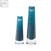 Two sleek tapered mouth blown glass vases in gradient teal with clear bases from dutz collection budvase navy