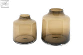 Two mouth blown amber glass vases from dutz collection in smoky brown with smooth rounded design and subtle gradient