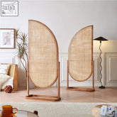 Two elegant curved vaughan rattan room dividers with natural wood frames and woven rattan panels