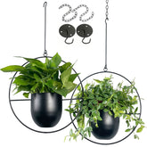 Vdyxew black metal hanging planters with circular frames and matte pots for indoor and outdoor hanging flower use