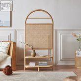 Natural-toned vega rattan room divider with wooden frame and two shelves perfect for light separation and storage