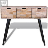 Veloui reclaimed teak wood console table with three drawers and black tapered legs solid wood wood console
