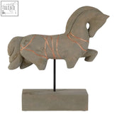 Gray ceramic vena horse sculpture with copper-tone engraved lines and wire accents perfect for home decor