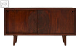 Dark brown mango wood sideboard with a carved circular design on the center sliding door for stylish storage