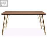 Veneto dining table with natural wood effect warm brown top and slender gold hairpin legs for modern dining