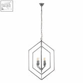 Venice hexagonal chandelier in silver stainless steel with chain suspension and four exposed bulbs for modern lighting