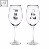 Clear glass large wine glasses from verity set with black printed text time for wine and its wine oclock