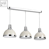 Chrome Vermont 3 clay colour shades pendant light with three off-white dome shades slim ceiling support and translucent cables