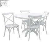 White metal dining set with vermont white wash round table and cross-back chairs with woven rattan seats