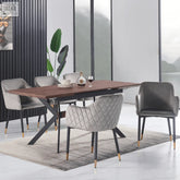 Modern dining table with rich brown wood top and black metal x legs with gold feet paired with verona chair velvet upholstered dining chair