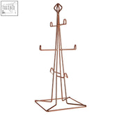 Copper-colored wireframe vertex copper finish mug tree with six hooks and diamond-shaped top for coffee cups