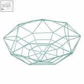 A mint green geometric wire fruit basket with a vertex green finish and faceted diamond design