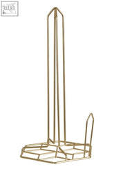 Matte gold kitchen roll holder with geometric wire base and vertical support for stylish kitchen roll storage