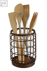 Brown metal wire round bronze coated vertex utensil holder with wooden and stainless steel kitchen tools inside
