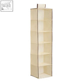 Beige vertical 6 section cream hanging fabric garment organiser with rectangular compartments for clothes storage