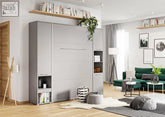 Modern gray vertical folding wall bed with solid 22mm laminated panel, sleek sliding doors, and powered led lighting storage cabinet
