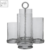 Verve 4-light candle holder silver-toned hammered glass with central ring handle and four cylindrical holders