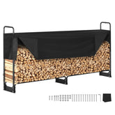 Black metal firewood rack with 600d oxford black fabric cover to organize and protect logs outdoors