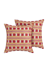Vibrant red and gold stripe cushion cover with cream geometric pattern and woven texture for stylish throw pillows