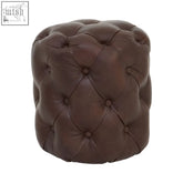 Brown leather stool victor button tufted with deep diamond button detailing and a classic rounded square shape