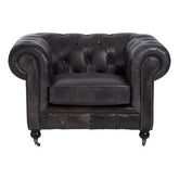 Victor dark grey brown leather chesterfield chair with black leather tufted upholstery and rolled arms