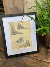 Black-framed anatomical foot illustration print with sepia sketches on cream background vintage medical decor