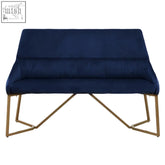 Navy blue vieste midnight velvet bench with gold-toned geometric metal legs for stylish seating