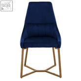 Navy blue velvet dining chair with gold geometric metal legs perfect for midnight velvet dining setups