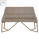 Beige mink velvet bench with gold-toned geometric metal legs perfect for stylish seating and decor