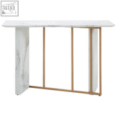 Vieste white marble console table with white marble top and gold-toned metal legs and vertical supports