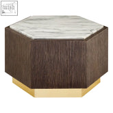 Villi hexagon dark oak side table with white marble top dark oak sides and a gold base perfect for any room
