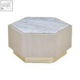 Villi small white hexagonal coffee table with white marble top light wood sides and gold trim