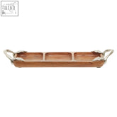 Wooden vine acacia wood serving dish with three compartments and silver-toned leaf shaped handles
