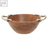 Rustic vine acacia wood large round bowl with rich brown finish and twisted metal leaf handles