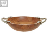 Rustic copper bowl with twisted rope handles paired with vine acacia wood round bowl for stylish serving