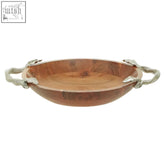 Rustic vine acacia wood serving bowl with warm finish and twisted rope handles for easy carrying
