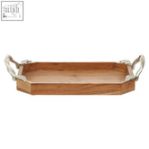 Small rectangular vine acacia wood serving tray with silver toned metal handles for stylish serving