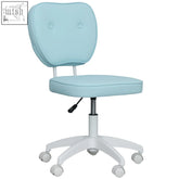 Light blue upholstered vinsetto vanity task chair with tufted back white plastic base and adjustable seat height