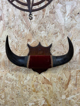Dark brown wooden shield with black curved vintage buffalo horns and red velvet center for man cave decor or coat hooks