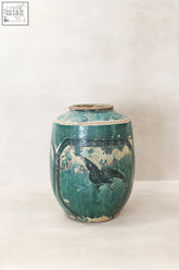 Vintage emerald green ceramic pot with weathered teal glaze, black dragon design, and chipped finish large no 1