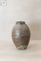 Vintage glazed yunnan pot yp10 is a rustic matte ceramic preservation vessel with metallic sheen and embossed floral patterns