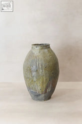 A vintage glazed yunnan pot yp11 ceramic vase with mottled green gray glaze and brushstroke texture from early 20th century