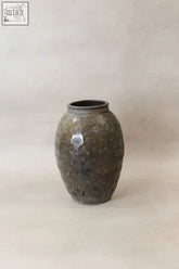 Vintage glazed yunnan pot yp15 a matte gray ceramic preservation vessel with embossed concentric circle patterns