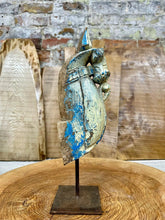 Vintage handmade carved indian wooden horse head ornament in antique blue and cream on metal stand