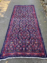 Vintage handmade wool rug arak sourak sarough with burgundy and navy blue floral geometric patterns 300cm x 133cm