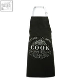 Black apron with white vintage cook graphic perfect for vintage home kitchens and paired with oven gloves