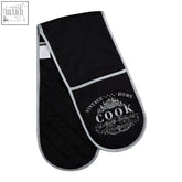 Black quilted double oven glove with silver trim and vintage cook emblem for easy double oven use