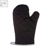 Black quilted single oven glove with silver trim and mixed fibre fillings for vintage home use