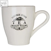 White ceramic vintage home tea mug with black vintage home cream logo and decorative illustration