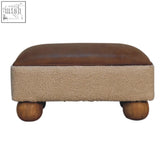 Vintage leather boucle ball footstool with brown leather top beige shearling sides and solid mango wood ball feet